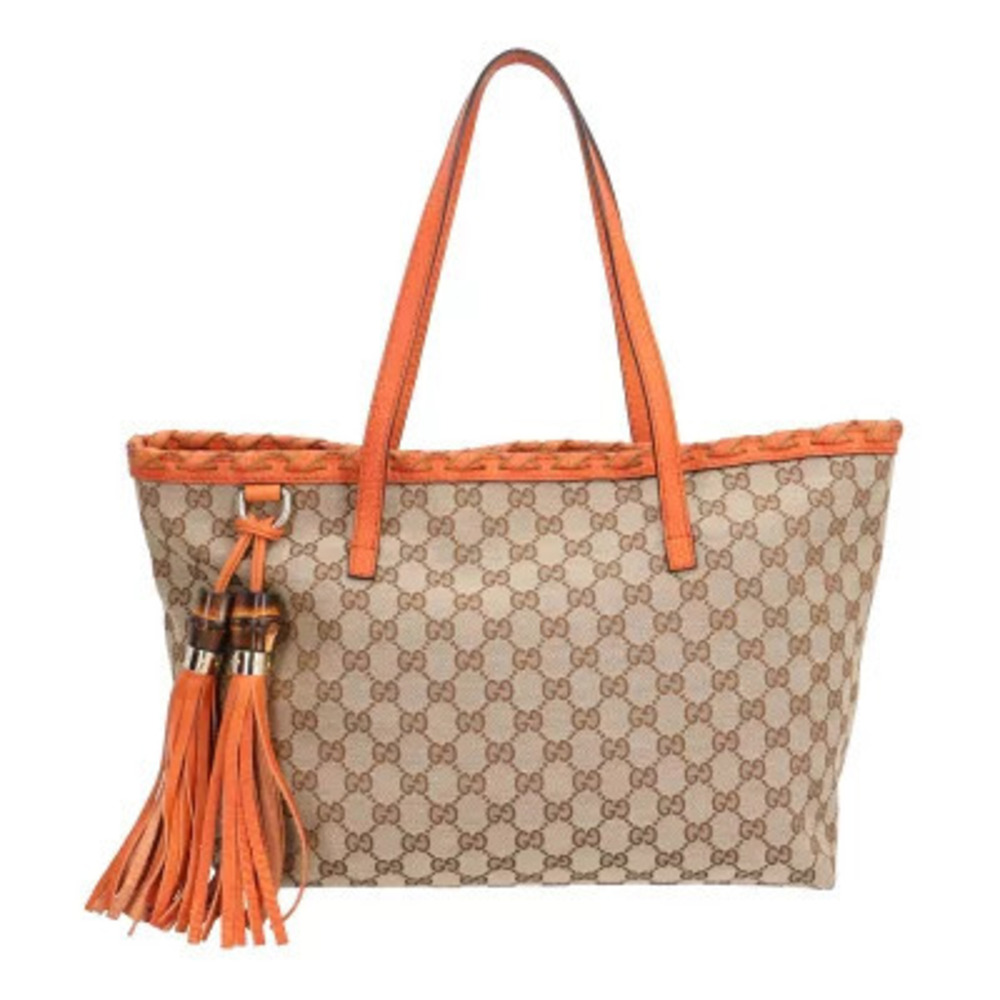Gucci Bamboo Tassel Tote Bag GG Canvas Beige Cream